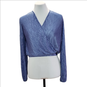 DYNAMITE Metallic blue pleated wrap elastic waist long sleeve crop top